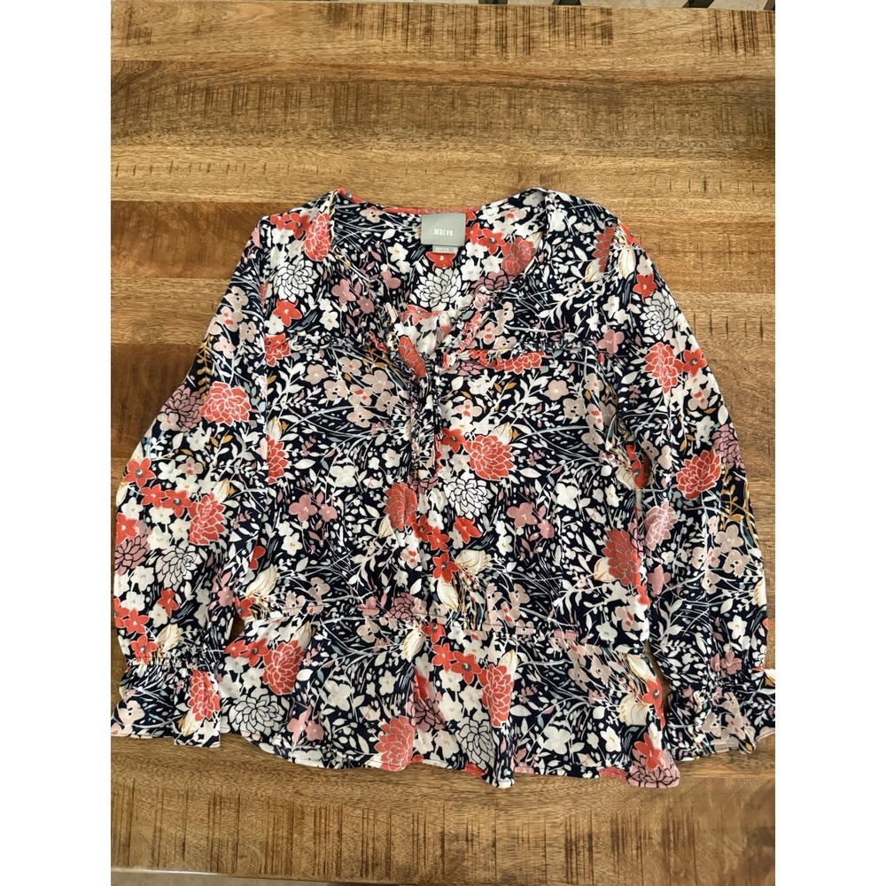 Maeve Anthropologie Floral Print‎ Peplum Blouse Medium 3/4 Sleeve V Tie Neck